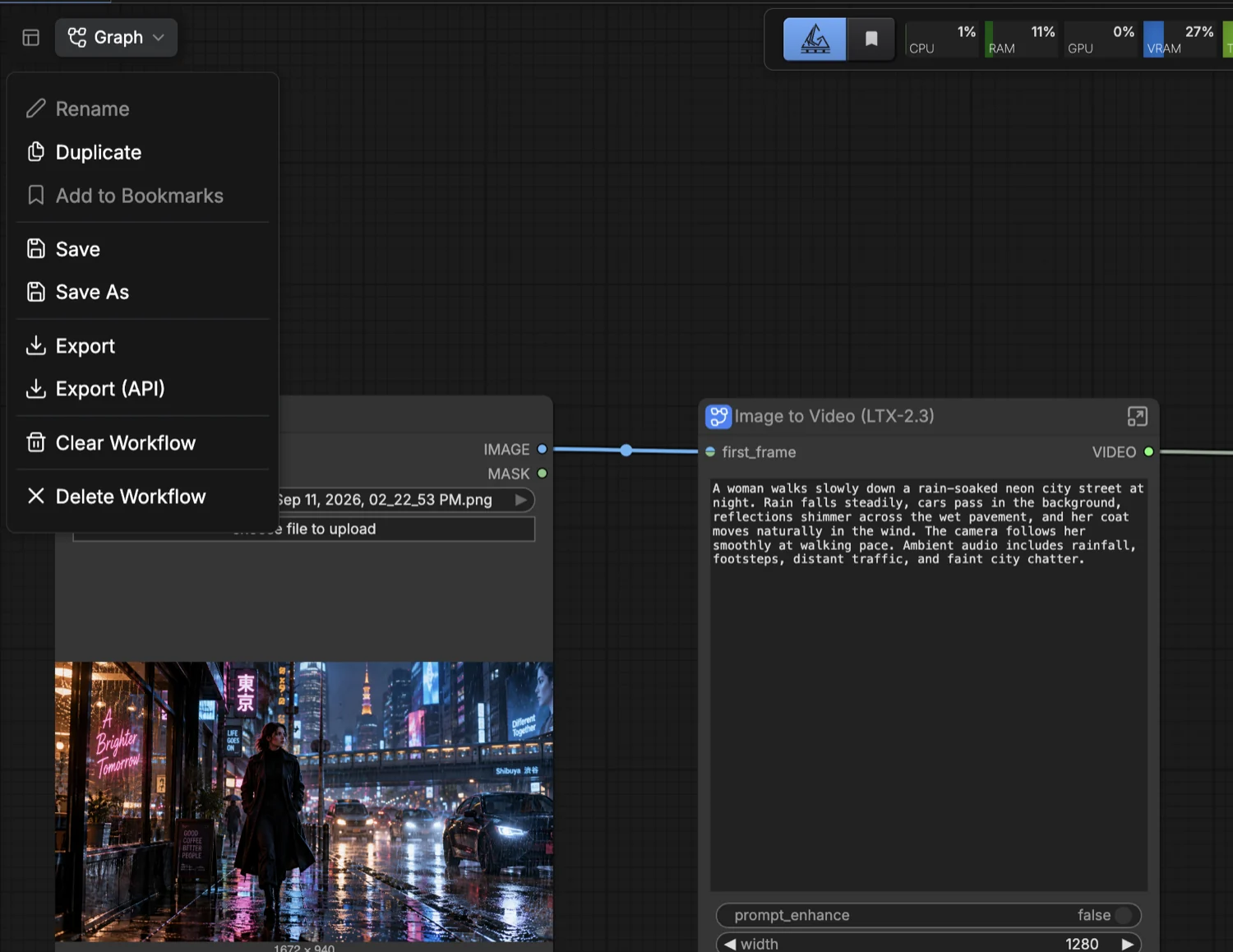 The ComfyUI Graph menu open, showing the Export (API) item