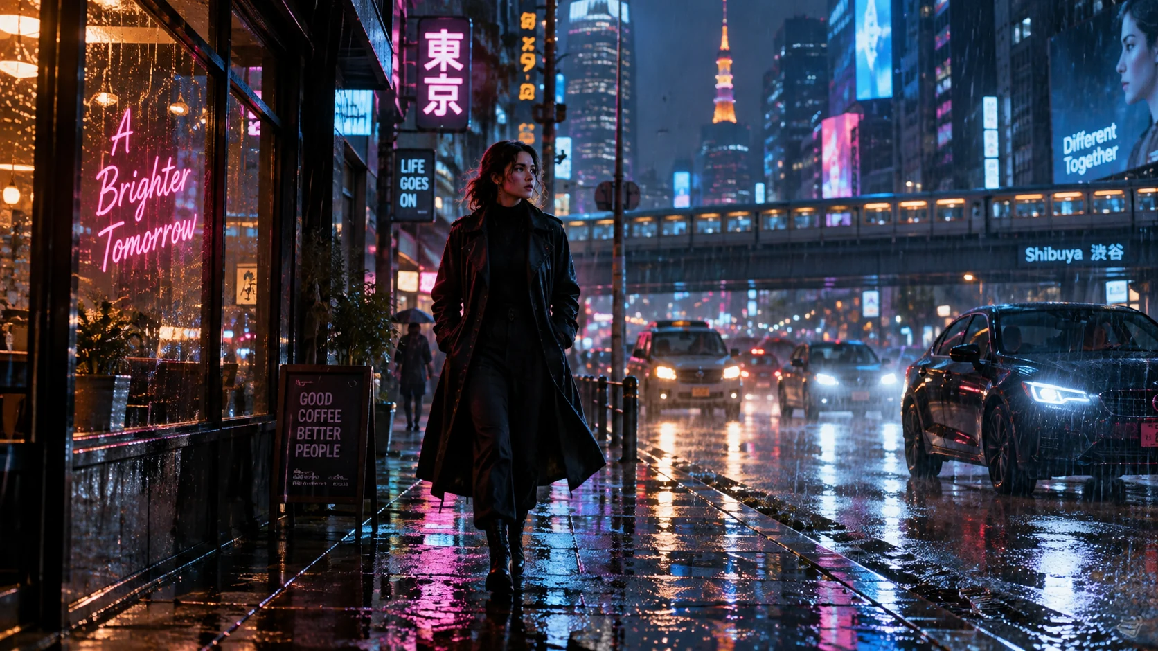 The input photograph: a woman in a dark coat on a neon-lit street