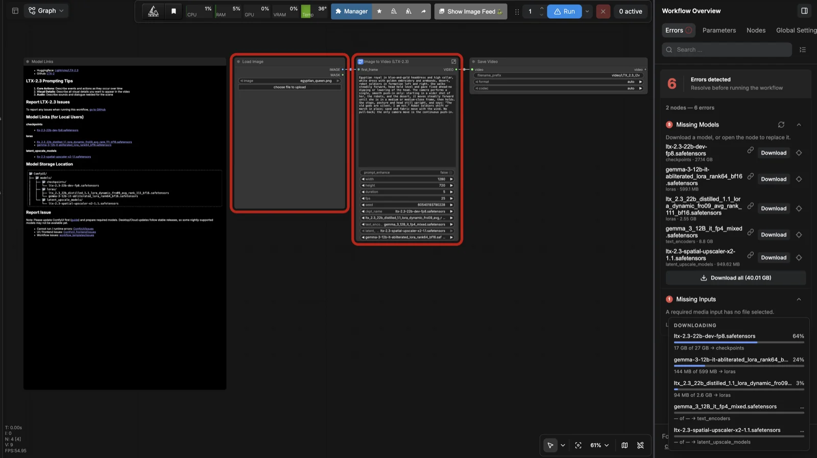 ComfyUI showing five missing LTX-2.3 model dependencies downloading in parallel