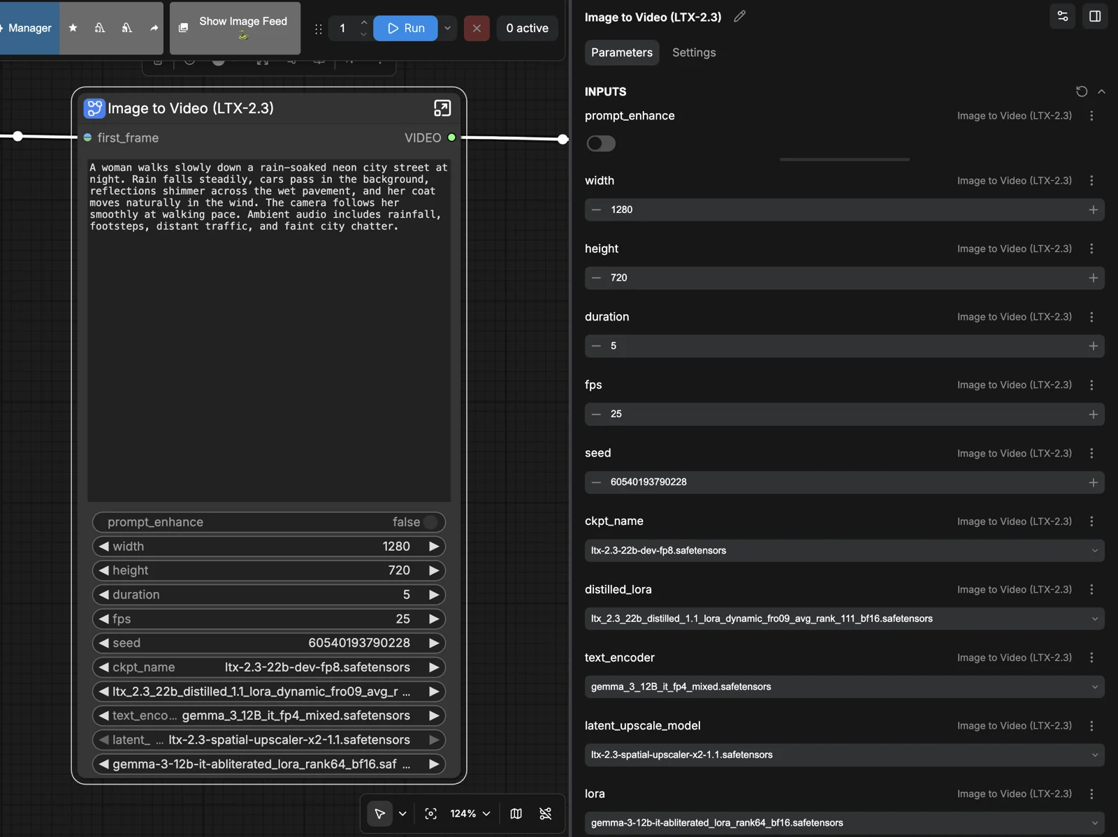 The ComfyUI Parameters panel listing the promoted controls of the LTX-2.3 subgraph